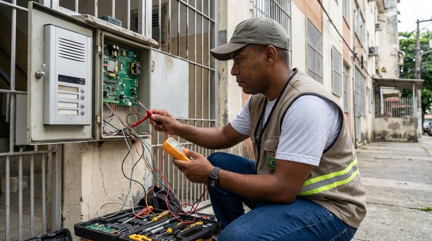 Eletricista consertando interfone em Mogi das Cruzes‑SP