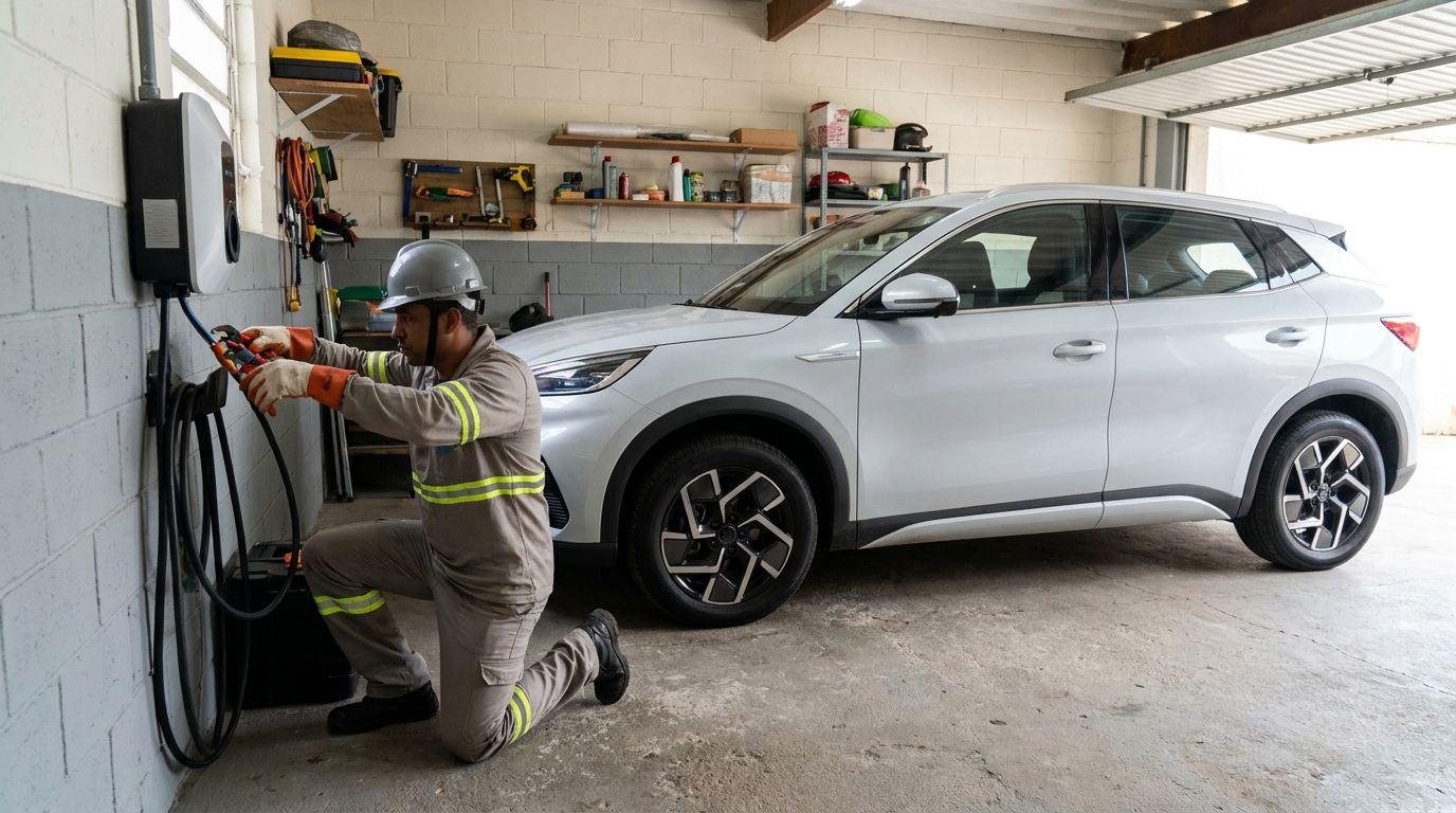 Eletricista instalando carregador de carro eletrico em Mogi das Cruzes‑SP