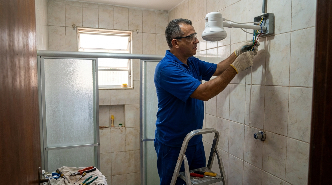Eletricista instalando chuveiro eletrico em Mogi das Cruzes‑SP