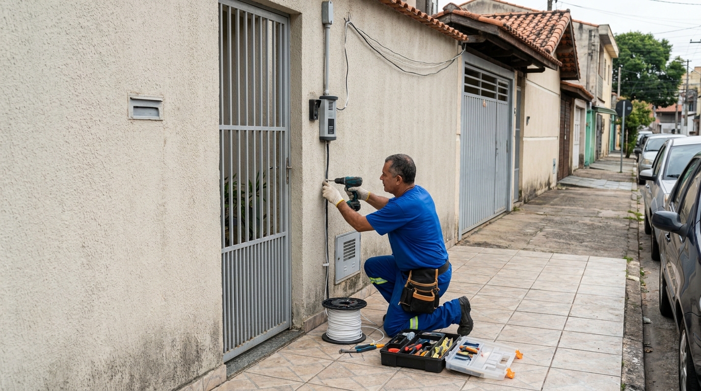Eletricista instalando interfone em Mogi das Cruzes‑SP