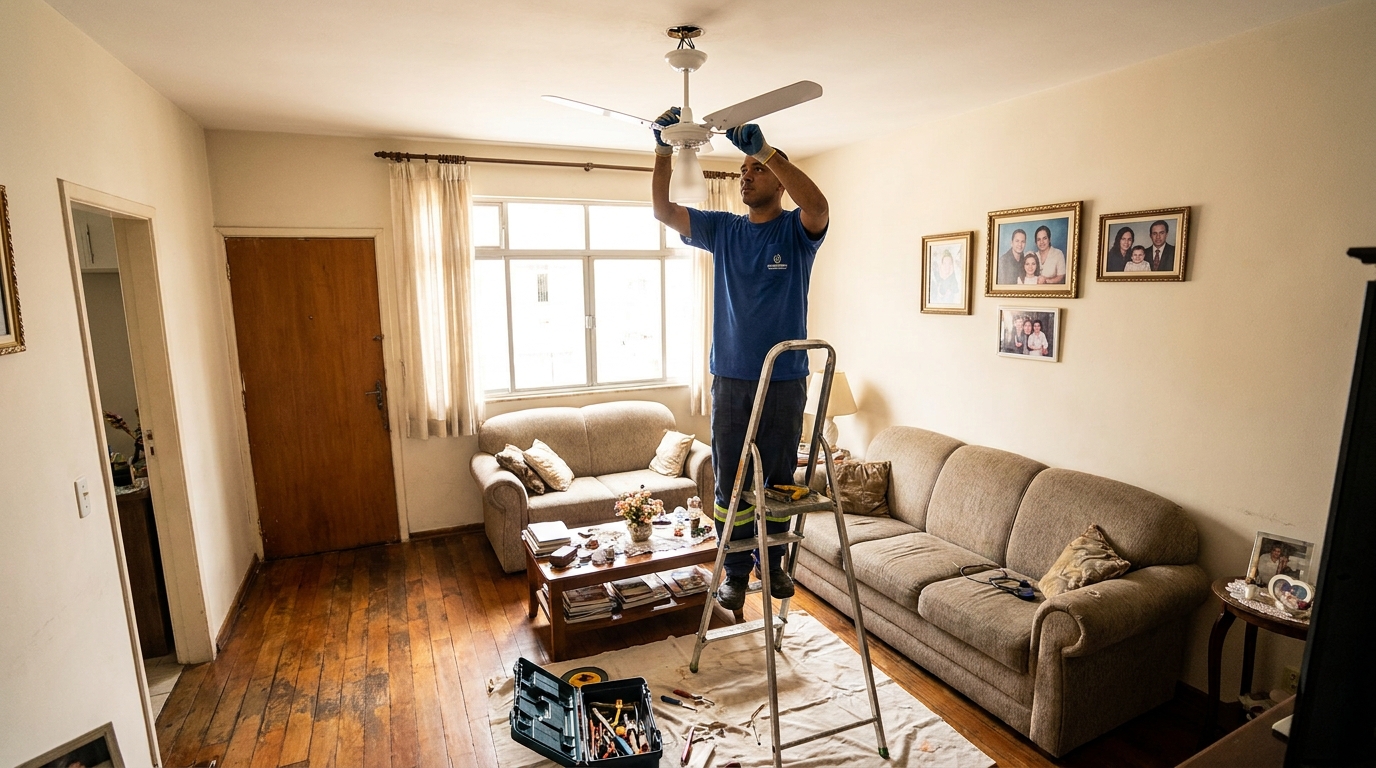 Eletricista instalando ventilador de teto em Mogi das Cruzes‑SP